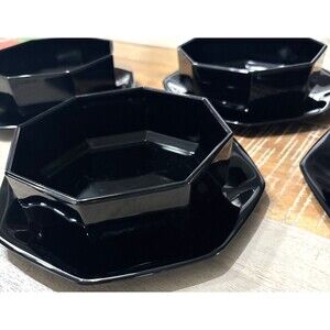 Arcoroc OCTIME Black Set Of 4 Salad Plates and Bowls 7.5”  France